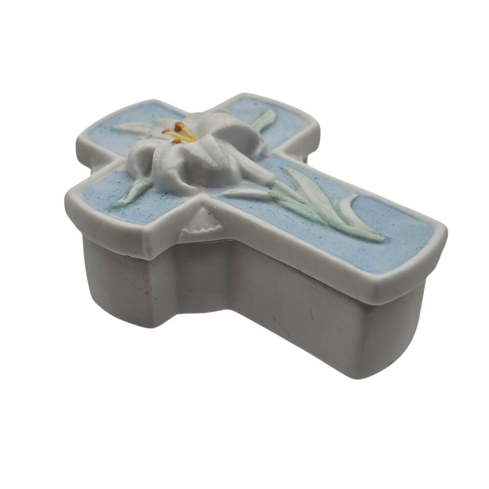 Porcelain Cross Trinket Box Blue with 3D Easter Lily Flower Keepsake Vintage